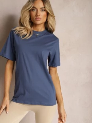 Granatowa Klasyczna Koszulka z Bawełny z Podwiniętymi Rękawkami Oboea