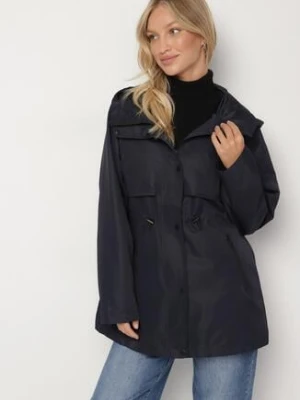 Granatowa Klasyczna Kurtka Parka z Kapturem i Ściągaczem w Pasie Cinelle melya by melody