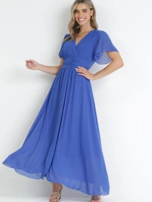 Niebieska Kopertowa Sukienka Maxi z Gumką w Pasie Narlin