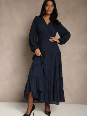 Granatowa Kopertowa Sukienka Vices o Rozkloszowanym Kroju Resvima