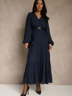 Granatowa Kopertowa Sukienka Vices o Rozkloszowanym Kroju Resvima