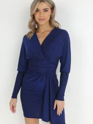 Granatowa Kopertowa Sukienka z Metaliczną Nitką Tasse by swan