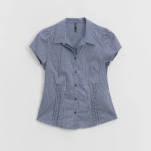 Granatowa koszula w kratkę z krótkim rękawem i wiązaniem na tyle House