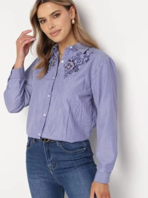 Granatowa Koszula w Paski z Ażurowym Haftem Varnielia melya by melody