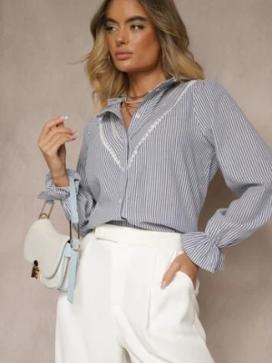 Granatowa Koszula z Bawełną Ozdobione Paskami i Falbanką Arririnea elsa.m by may