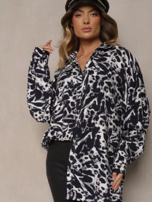 Granatowa Koszula z Wiskozy z Lnem i Abstrakcyjnym Wzorem Emariline melya by melody