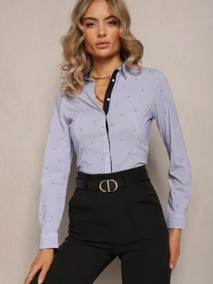 Granatowa Koszula Zapinana na Guziki w Drobny Print z Tkaniny w Paski Scylia melya by melody