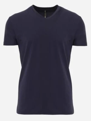 Granatowa Koszulka T-shirt z Bawełny z Dekoltem w Serek Rionisse