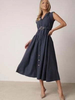 Granatowa Koszulowa Sukienka Bez Rękawów z Wiskozy i Bawełny z Paskiem Suranon