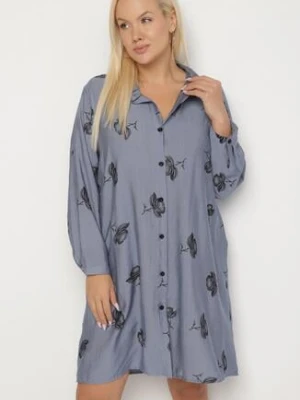 Granatowa Koszulowa Sukienka z Guzikami i Regulowanymi Rękawami Xatella j&x
