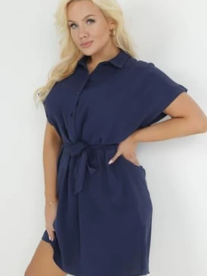 Granatowa Koszulowa Sukienka z Krótkim Rękawem i Wiązaniem w Pasie Mistie