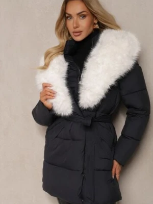 Granatowa Kurtka Ozdobiona Pikowaniem Odpinanym Kołnierzem z Futerkiem i Paskiem Edanora rosse line