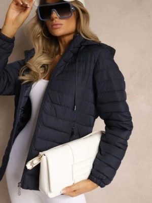 Granatowa Kurtka Ozdobiona Pikowaniem Wykończona Sznurkami i Kapturem Mivissa jstyle