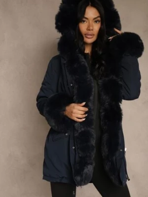 Granatowa Kurtka Parka z Futerkiem i Szerokim Kapturem Florion