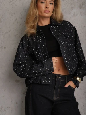 Granatowa Kurtka Przejściowa Bomber Jacket o Koszulowym Kroju z Bawełną w Groszki Erittese Unigirl