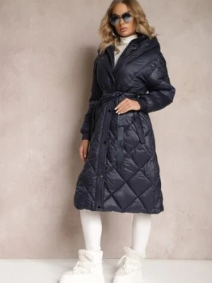 Granatowa Kurtka za Kolano Pikowana z Wiązanym Paskiem Cealia ann gissy