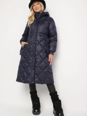 Granatowa Kurtka za Kolano Pikowana z Wiązanym Paskiem Claze ann gissy