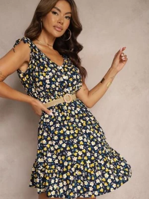 Granatowa Kwiatowa Sukienka z Bawełny o Rozkloszowanym Kroju Wykończona w Talii Gumką Evildria defox