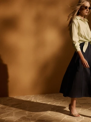 Granatowa lniana spódnica midi z wysokim stanem TARANKO