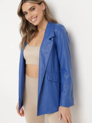 Granatowa Marynarka o Pudełkowym Fasonie z Ekoskóry z Poduszkami w Ramionach Sunins lily rose