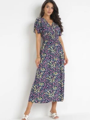 Granatowa Maxi Elastyczna Sukienka z Wiskozy w Kwiatowy Print Loxanne