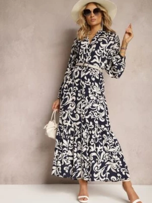 Granatowa Maxi Sukienka w Modny Print o Rozkloszowanym Kroju z Gumką w Talii Sindis