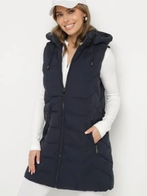 Granatowa Pikowana Kamizelka z Odpinanym Kapturem na Suwak Wykończona Sznurkami Zeneria swest