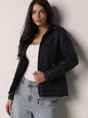 Granatowa Pikowana Kurtka Przejściowa z Kapturem z Lamówką i Ściągaczami Zidara mhm