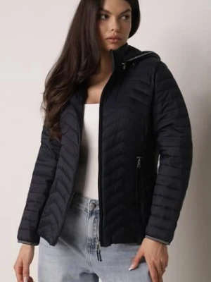 Granatowa Pikowana Kurtka Przejściowa z Ozdobną Lamówką przy Kapturze Tidorna