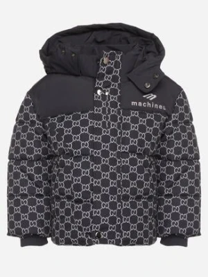 Granatowa Pikowana Kurtka Zimowa z Kapturem i Kieszeniami w Geometryczny Wzór Gebivra