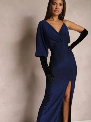 Granatowa Połyskująca Sukienka Maxi o Asymetrycznym Fasonie z Trójkątnym Dekoltem i Rozcięciem Imisnna by swan