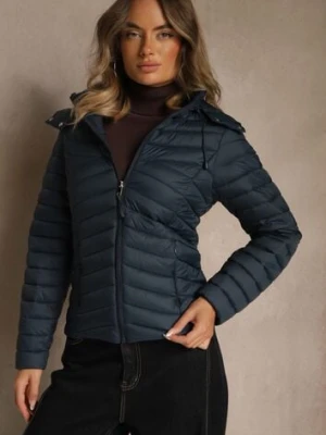 Granatowa Przejściowa Kurtka z Pikowanymi Przeszyciami i Kapturem Suritte j.style