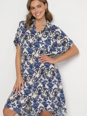 Granatowa Pudełkowa Sukienka Koszulowa z Wiskozy w Ornamentalny Print Vanisse cflo