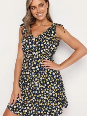 Granatowa Rozkloszowana Bawełniana Sukienka w Kwiaty z Gumką w Pasie Evieles defox