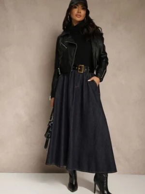 Granatowa Rozkloszowana Spódnica Jeansowa Midi z Paskiem Wendlla