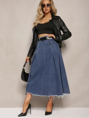 Granatowa Rozkloszowana Spódnica Jeansowa z Paskiem w Komplecie Grinna by may