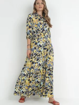 Granatowo-Żółta Rozkloszowana Sukienka Maxi Koszulowa w Kwiaty Moonsee