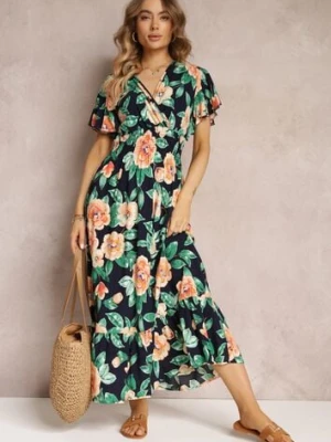 Granatowa Rozkloszowana Sukienka Maxi z Gumkami w Talii i Falbankami Tayte