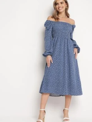 Granatowa Rozkloszowana Sukienka Midi w Kropki Farnai ann gissy