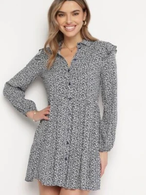 Granatowa Rozkloszowana Sukienka Mini w Kwiaty z Falbankami na Ramionach Lorean r&f fashion