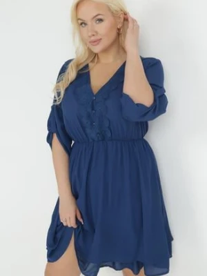 Granatowa Rozkloszowana Sukienka Mini z Ozdobnym Dekoltem i Gumką w Pasie Braely christy