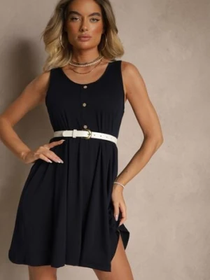 Granatowa Rozkloszowana Sukienka na Szerokich Ramiączkach Zdobiona Guzikami Jenandria defox