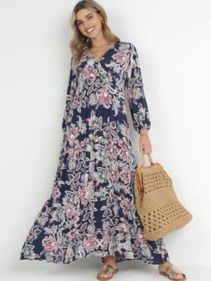 Granatowa Rozkloszowana Sukienka Oversize w Kwiaty Kylia cflo