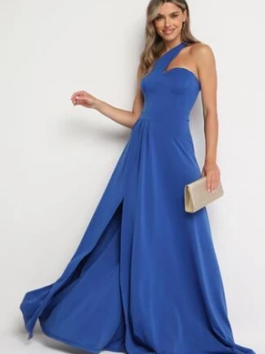 Granatowa Rozkloszowana Sukienka z Asymetryczną Górą i Wiązaniem na Ramieniu z Rozcięciem Efirey messaya