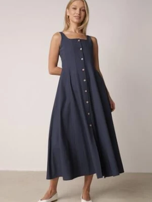 Granatowa Rozkloszowana Sukienka z Bawełną Wiskozą i Guzikami Appeia