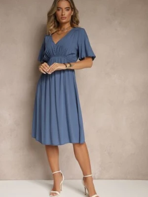 Granatowa Rozkloszowana Sukienka z Bawełnianej Tkaniny Lirioneae defox