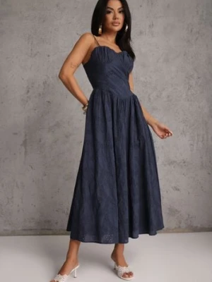 Granatowa Rozkloszowana Sukienka z Bawełny na Ramiączka Zdobiona Haftem Adozaphaura elsa.m by may