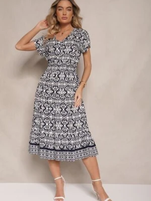 Granatowa Rozkloszowana Sukienka z Bawełny w Print Paisley Lanarisa defox