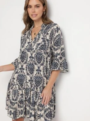 Granatowa Rozkloszowana Sukienka z Bawełny z Falbanami w Ornamentalny Wzór Lanoreth defox