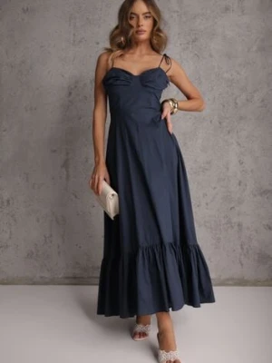 Granatowa Rozkloszowana Sukienka z Bawełny z Wiązanymi Ramiączkami Milistia